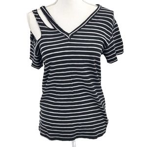 LNA Clothing Women’s Black & White Striped Cut-Out Shoulder Tee Shirt Size XS